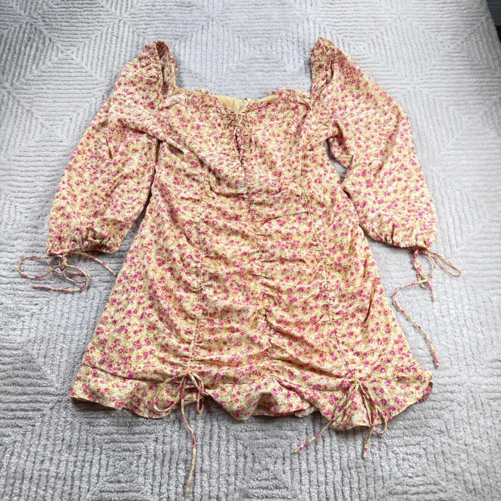 Hello Molly Floral Mini Dress Women's 10 Yellow Pink Ruched Cottagecore Romantic